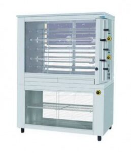 Електрически грил за пилета с 5 въртящи шиша върху топъл шкаф